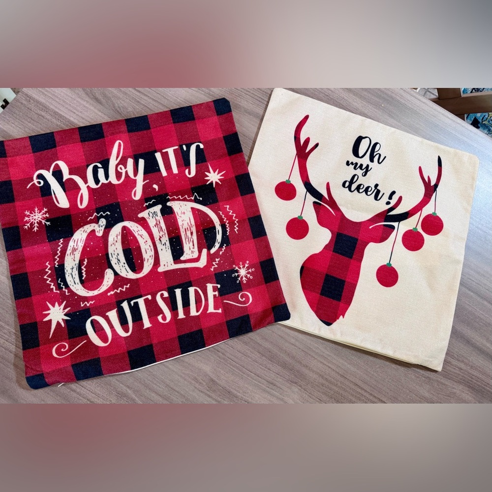 Festive Plaid and Reindeer Pillow Covers-17”x17”